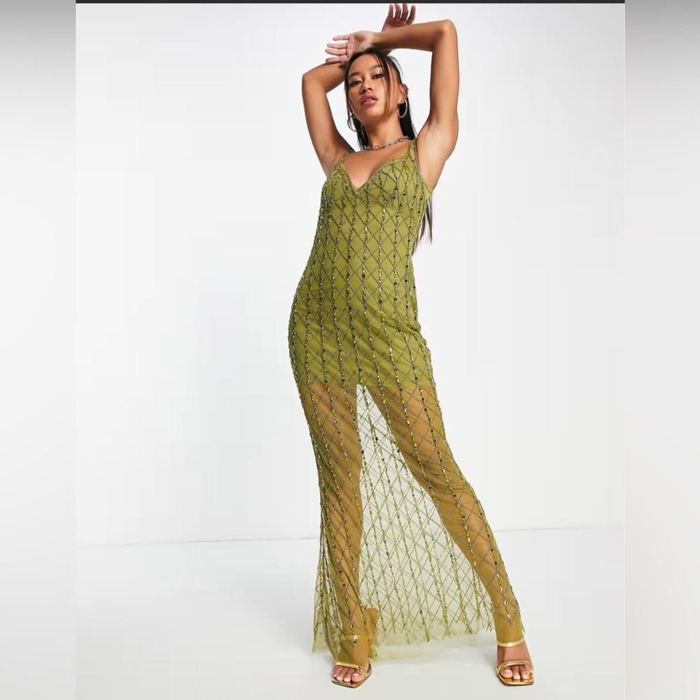 NWT ASOS All Over Embellished Sequin Beaded Maxi Slip Dress in Olive Sz 6 - Picture 2 of 5